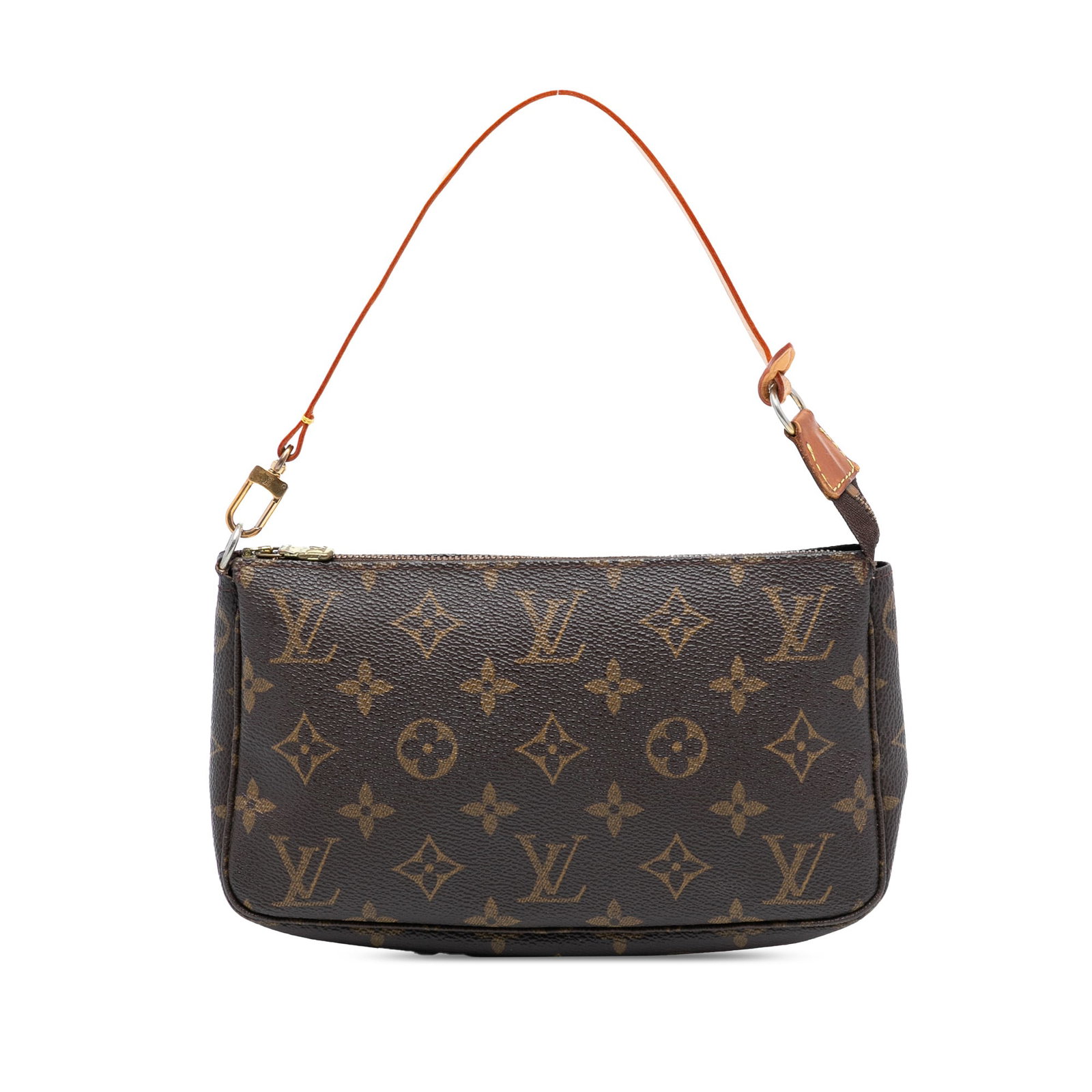 Louis Vuitton Pochette Accessoires Monogram Canvas Handbag with Leather Strap: Louis Vuitton Pochette Accessoires Monogram Canvas Handbag with Leather Strap This Louis Vuitton Monogram Pochette Accessoires features the iconic monogram canvas body, a flat vachetta leather handle,