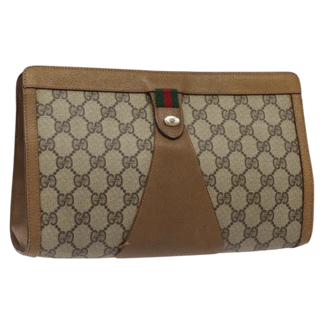 Gucci Sherry Line Beige Canvas Pouch Bag 27cm: Gucci Sherry Line Beige Canvas Pouch Bag 27cm This Gucci Sherry line pouch is crafted from beige canvas and designed for women. The pouch shows signs of use, including surface rubbing, slight shape lo