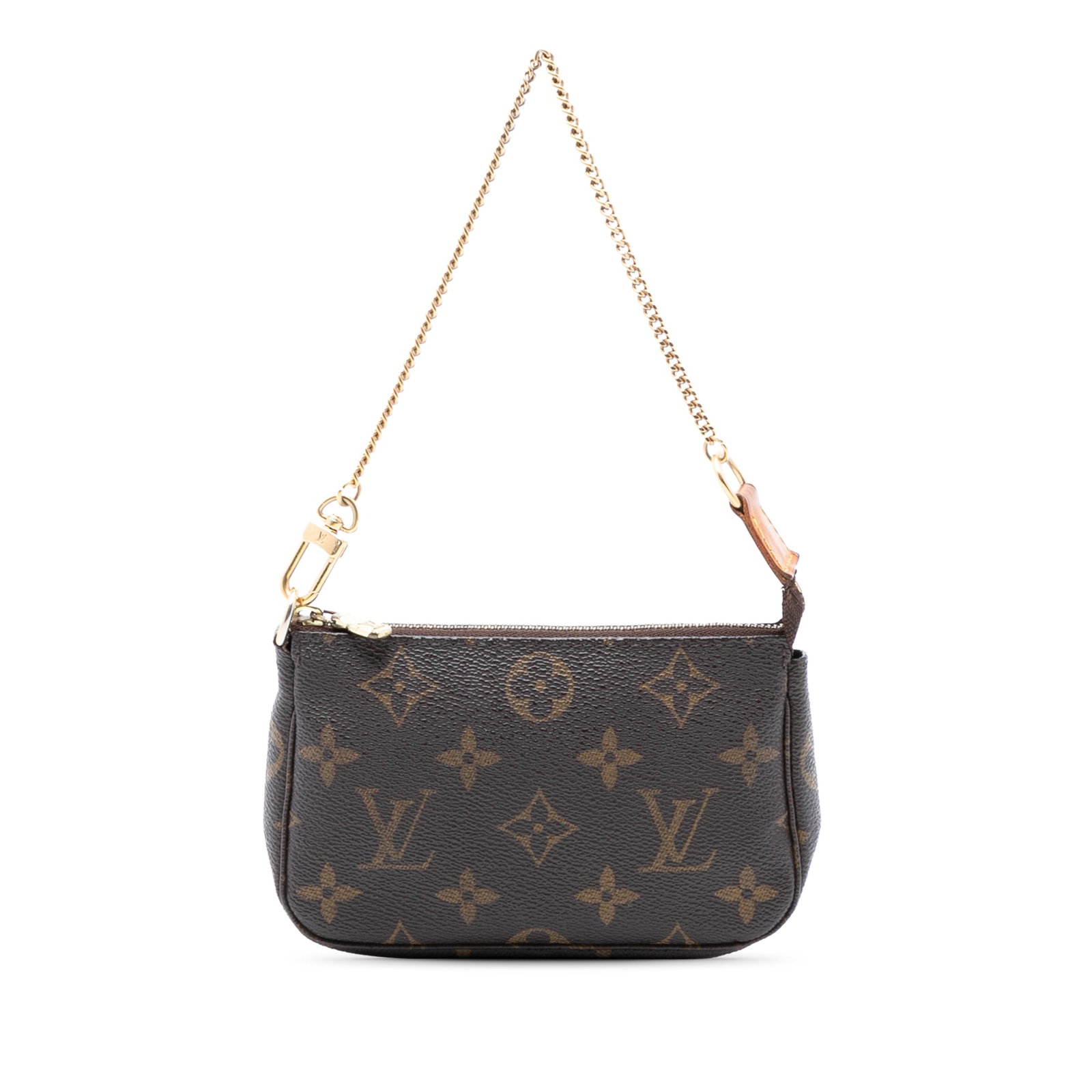Louis Vuitton Mini Monogram Canvas Pouch with Gold Tone Chain Strap: Louis Vuitton Mini Monogram Canvas Pouch with Gold Tone Chain Strap This Louis Vuitton Mini Pochette Accessoires features the iconic monogram canvas body with a gold-tone chain strap and a top zip clo