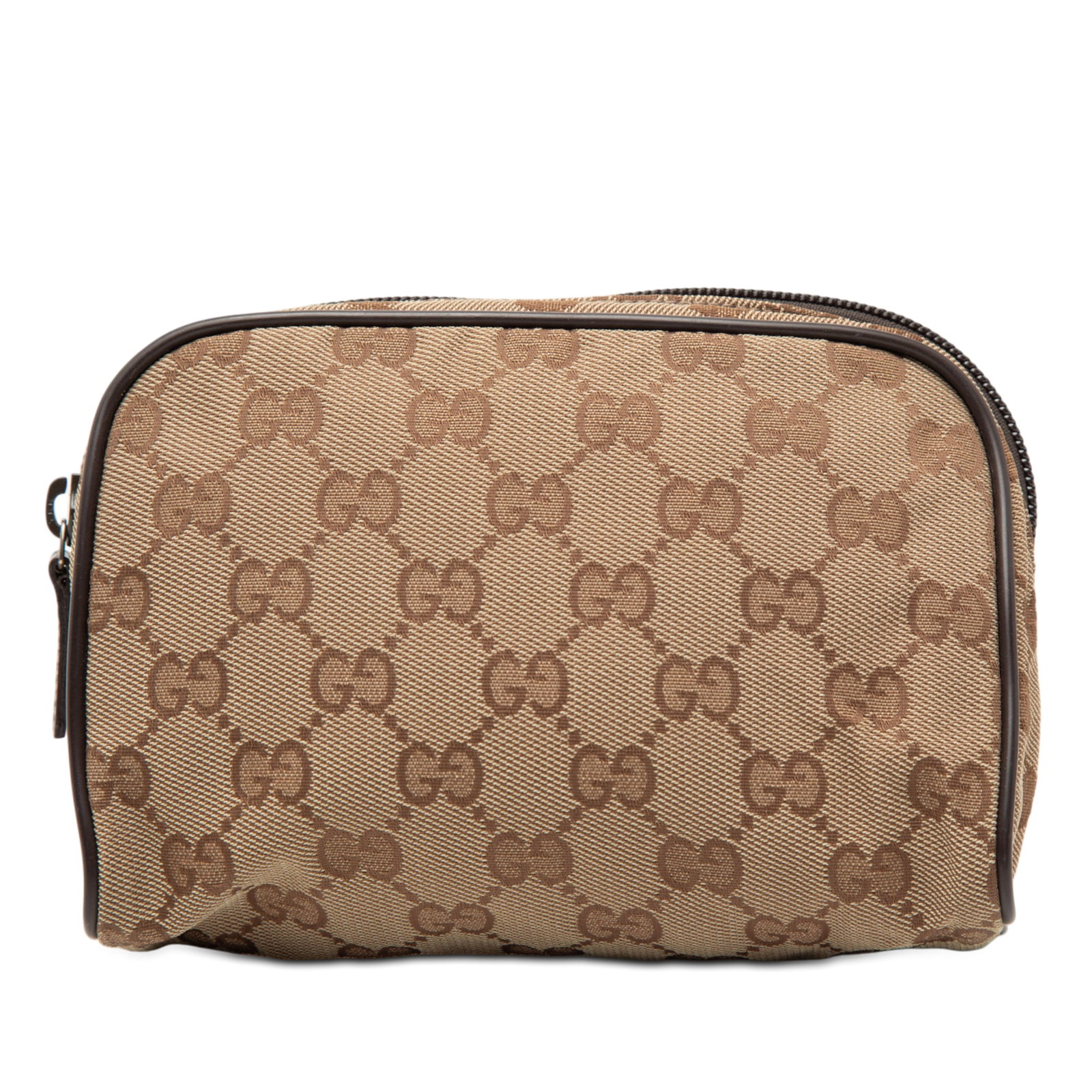 Beige canvas zip pouch with leather trim by Gucci GG: Beige canvas zip pouch with leather trim by Gucci GG This Gucci GG Canvas Pouch features a beige fabric body with leather trim and a top zip closure. The pouch shows signs of wear on the exterior back
