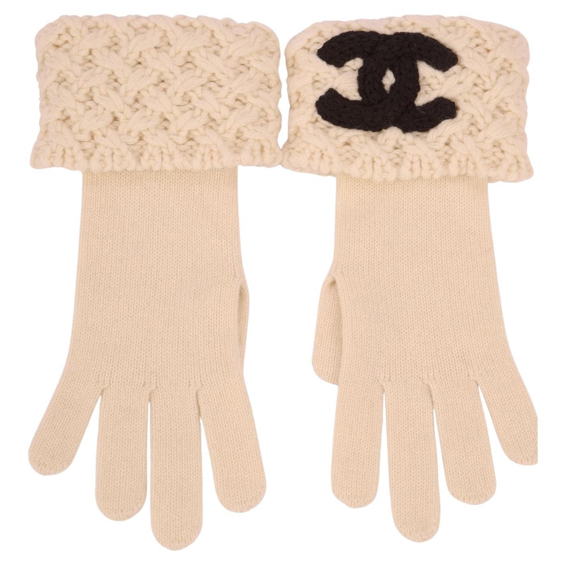 Chanel Cashmere Ivory Gloves with Black CC Logo Made in Italy: Chanel Cashmere Ivory Gloves with Black CC Logo Made in Italy Elevate your winter wardrobe with these luxurious Chanel cashmere gloves. Crafted in a sophisticated ivory hue, these gloves feature a sty