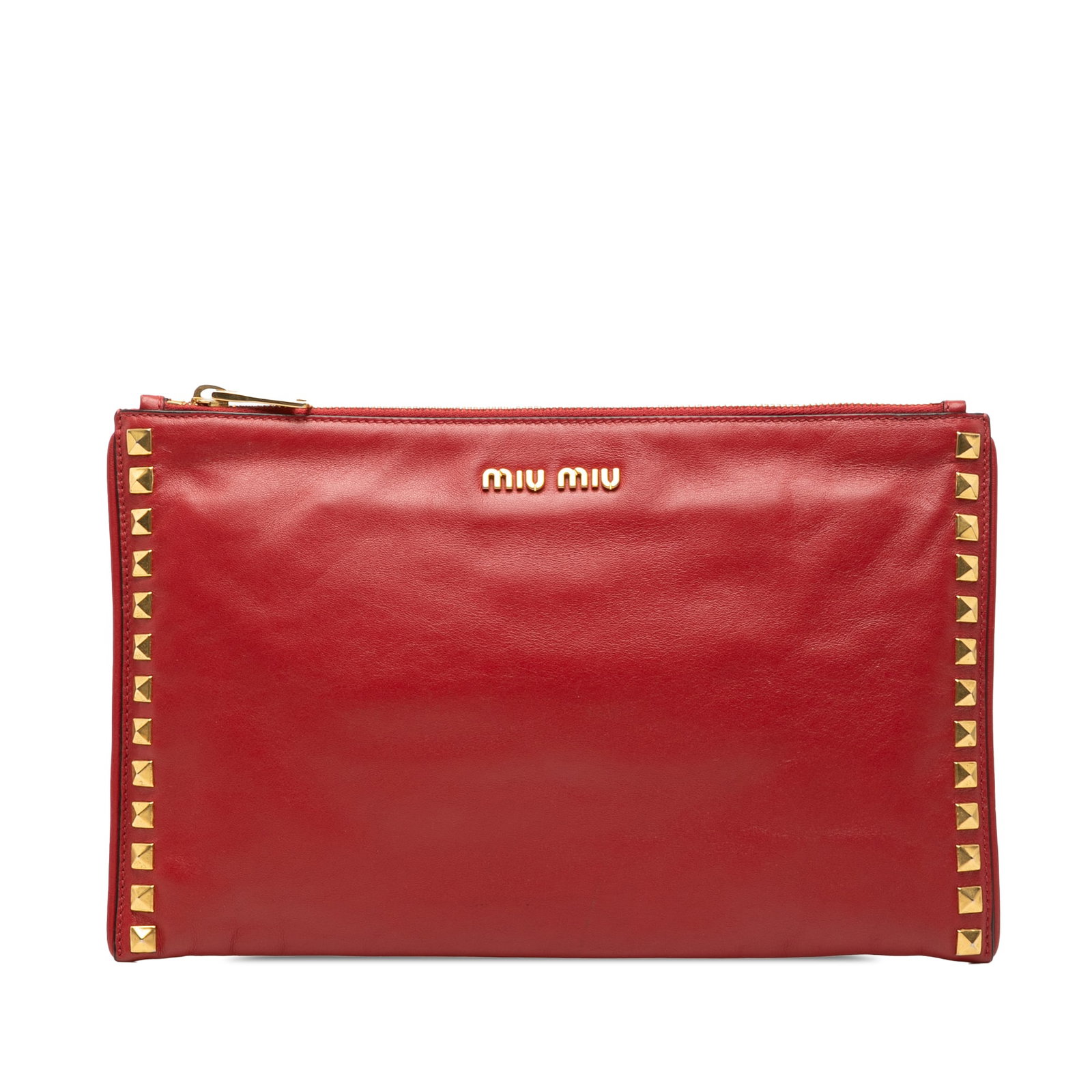 Red Leather Clutch with Gold Studs and Zip by Miu Miu: Red Leather Clutch with Gold Studs and Zip by Miu Miu This Miu Miu clutch features a red leather exterior adorned with gold-tone studs and a top zip closure. The bag includes interior zip and slip poc
