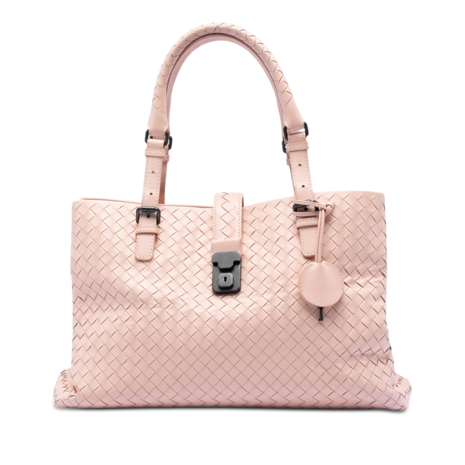 Pink Leather Intrecciato Roma Medium Tote Bag by Bottega Veneta: Pink Leather Intrecciato Roma Medium Tote Bag by Bottega Veneta This Bottega Veneta Medium Nappa Intrecciato Roma Tote showcases the brand's signature woven nappa leather design in pink. It features r