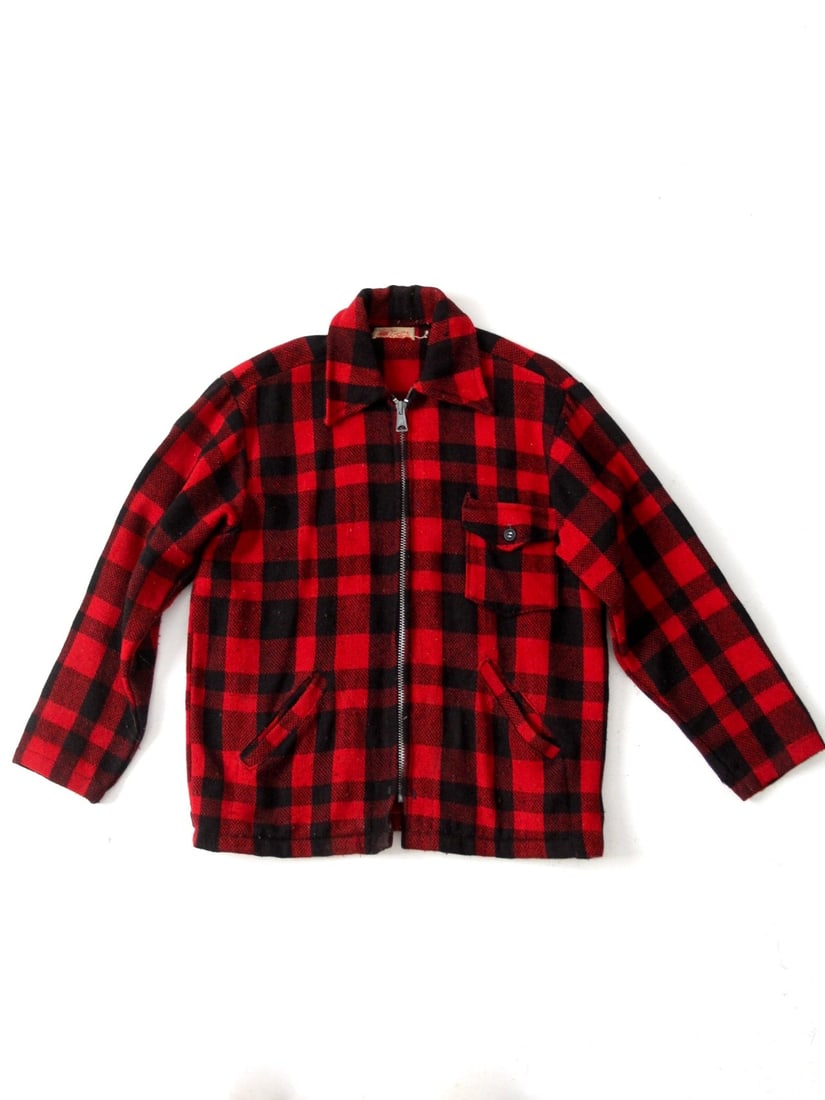 1950s Lumber King Wool Jacket Red Buffalo Plaid Men's Coat: 1950s Lumber King Wool Jacket Red Buffalo Plaid Men's Coat This vintage 1950s Lumber King wool jacket features a classic red buffalo plaid pattern, designed for men. It includes a zipper closure, thre