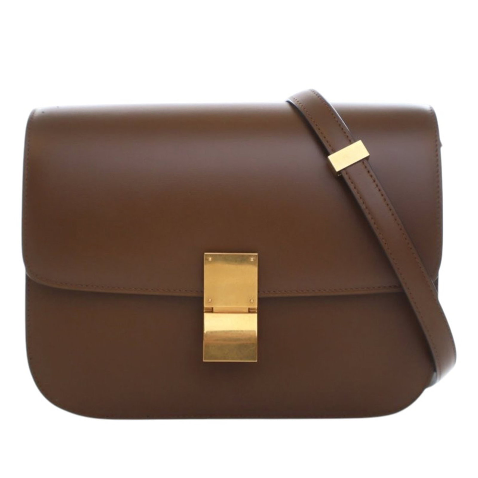 Celine Classic Box Medium Brown Leather Shoulder Bag: Celine Classic Box Medium Brown Leather Shoulder Bag This Celine Medium Calfskin Classic Box bag showcases a sleek leather body, complemented by a flat leather strap and a front flap with a push lock 