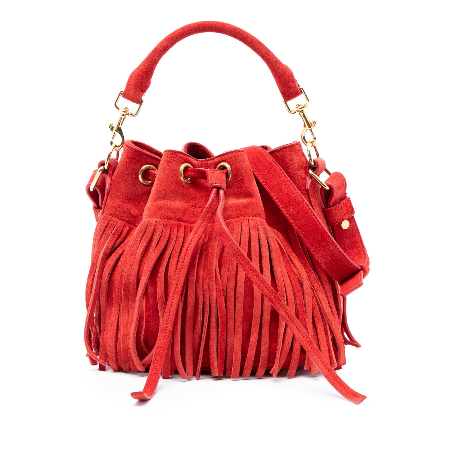 Saint Laurent Emmanuelle Red Suede Fringe Small Bucket Bag with Drawstring: Saint Laurent Emmanuelle Red Suede Fringe Small Bucket Bag with Drawstring This Saint Laurent Small Suede Emmanuelle Fringe Bucket Bag features a suede leather body with fringe detailing, a detachable