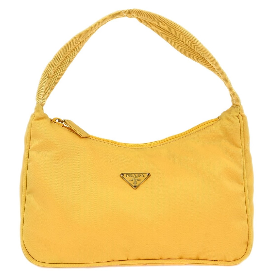 Prada Yellow Nylon Top Handle Handbag Casual Style: Prada Yellow Nylon Top Handle Handbag Casual Style This stylish Prada handbag showcases a vibrant yellow nylon exterior that is perfect for casual occasions. With a compact size, it features a top han