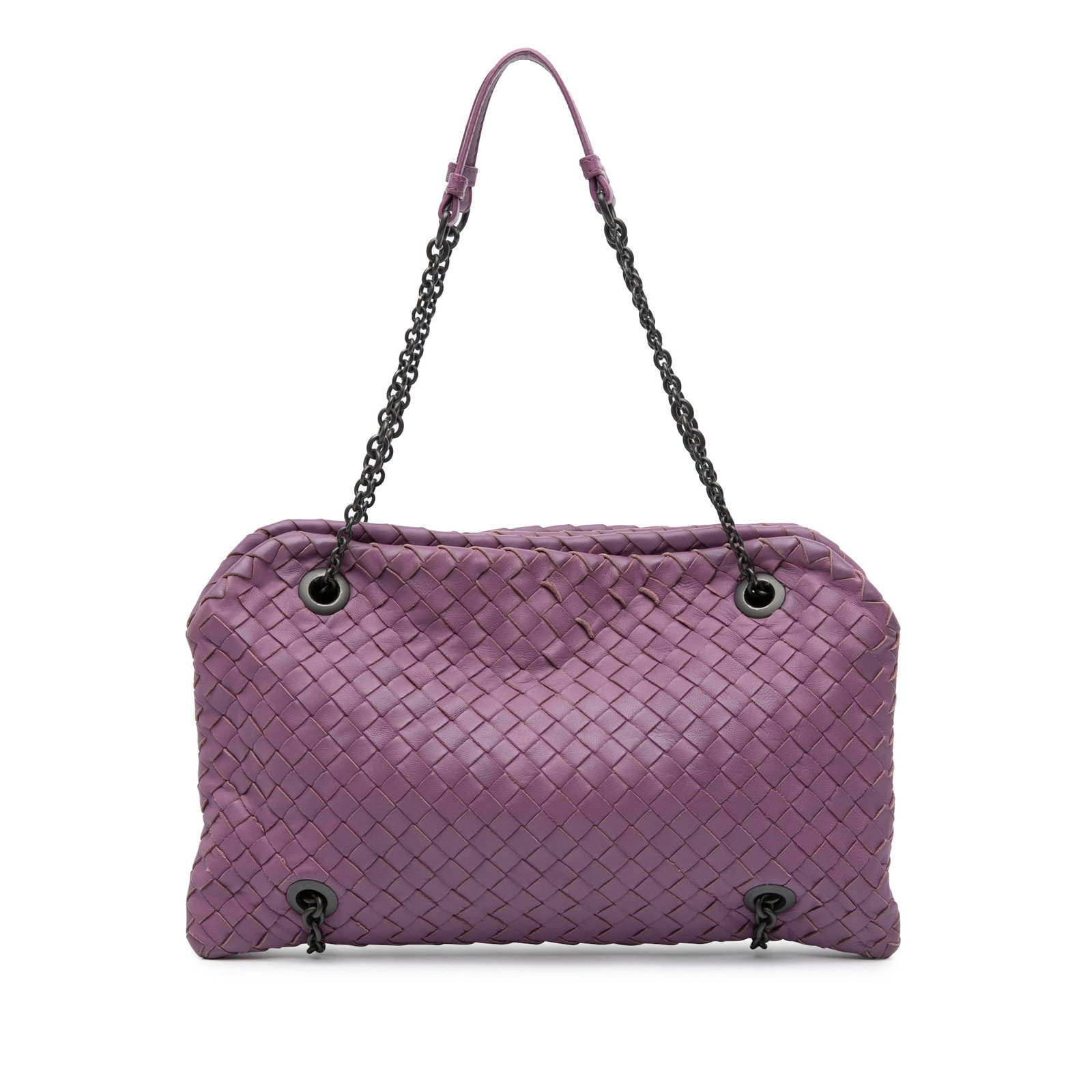 Bottega Veneta Purple Nappa Intrecciato Duo Shoulder Bag: Bottega Veneta Purple Nappa Intrecciato Duo Shoulder Bag Introducing the Bottega Veneta Nappa Intrecciato Duo Shoulder Bag, a stylish accessory designed for elegance and practicality. This bag showcas