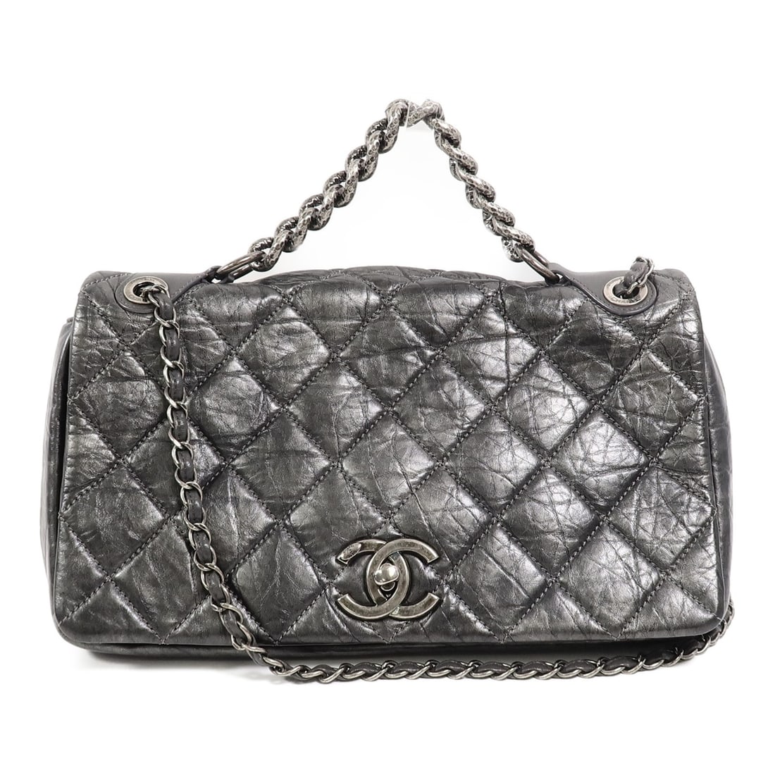 CHANEL Gray Lambskin 2way Shoulder Bag CC SHW: CHANEL Gray Lambskin 2way Shoulder Bag CC SHW This CHANEL 2-way shoulder bag features luxurious lambskin leather in a sophisticated grey color. Designed for versatility, it can be worn as a shoulder o