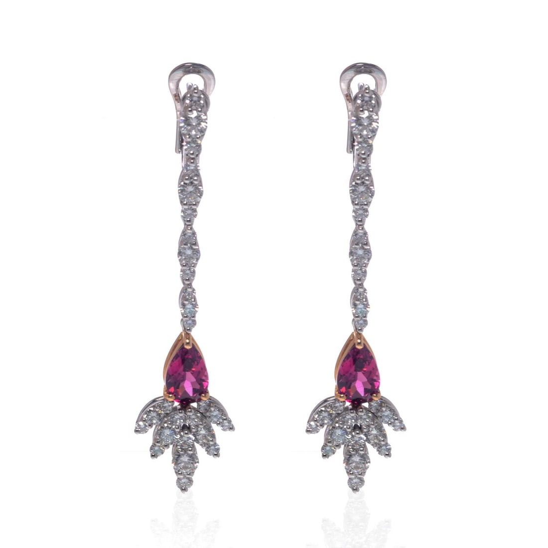Luca Carati 18K White Gold Pink Tourmaline Diamond Drop Earrings 2.72Cttw: Luca Carati 18K White Gold Pink Tourmaline Diamond Drop Earrings 2.72Cttw These exquisite drop earrings feature stunning pink tourmaline and diamond accents, beautifully set in luxurious 18k white gol
