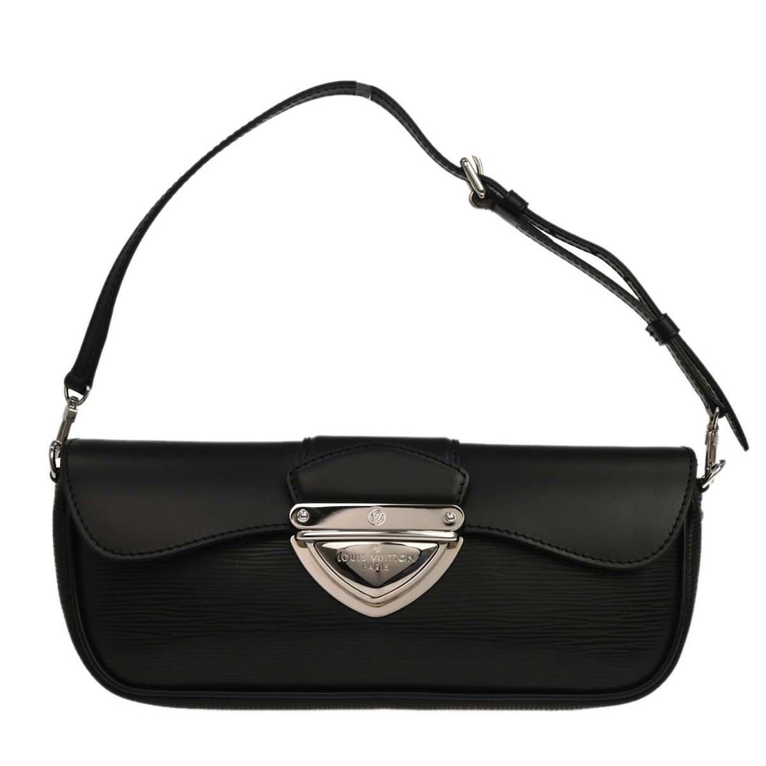 Louis Vuitton Pochette Montaigne Black Epi Leather Top Handle Bag: Louis Vuitton Pochette Montaigne Black Epi Leather Top Handle Bag This Louis Vuitton Pochette Montaigne handbag is crafted from black Epi leather and features a sleek top handle design. The bag is acc
