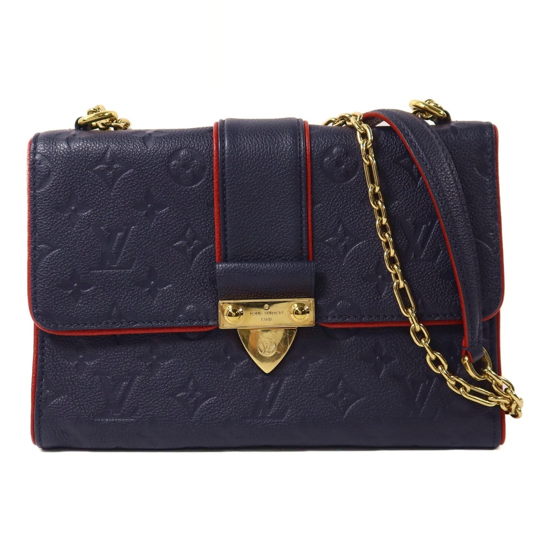 Louis Vuitton Saint Sulpice Monogram Empreinte Navy Shoulder Bag: Louis Vuitton Saint Sulpice Monogram Empreinte Navy Shoulder Bag This Louis Vuitton Saint Sulpice shoulder bag features a sophisticated navy calfskin leather exterior accented with red trim. Designed 