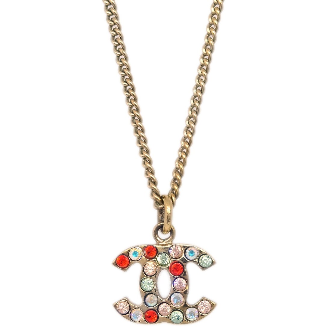 Chanel Gold-Plated Mini CC Charm Necklace with Rhinestones 04A: Chanel Gold-Plated Mini CC Charm Necklace with Rhinestones 04A This exquisite Chanel Gold Mini CC Pendant Necklace features a charming CC pendant adorned with sparkling rhinestones. Crafted from high-