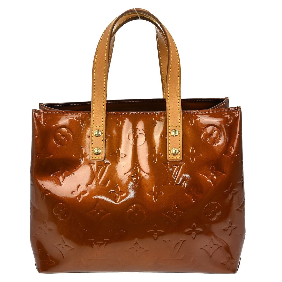 Louis Vuitton Reade PM Bronze Vernis Monogram Tote Bag: Louis Vuitton Reade PM Bronze Vernis Monogram Tote Bag This Louis Vuitton Reade PM tote features the signature Monogram Vernis pattern in an elegant bronze color. Crafted from patent leather, the hand