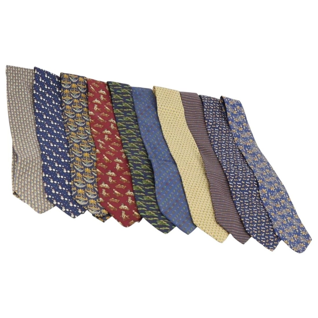 Salvatore Ferragamo silk necktie set of 10 blue navy yellow: Salvatore Ferragamo silk necktie set of 10 blue navy yellow This Salvatore Ferragamo necktie set includes ten silk neckties in a blue, navy, and yellow color palette. Made in Italy, each tie features 