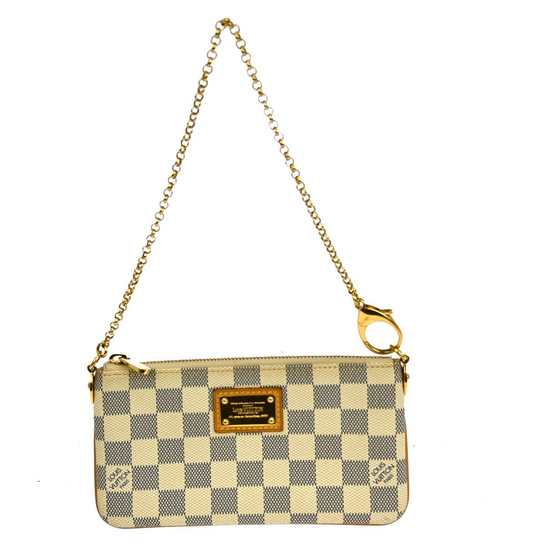 Louis Vuitton Pochette Milla MM Damier Azur Mini Chain Strap Handbag White: Louis Vuitton Pochette Milla MM Damier Azur Mini Chain Strap Handbag White This Louis Vuitton Damier Azur Pochette Milla MM handbag features a white Damier Azur exterior with the iconic monogram patte