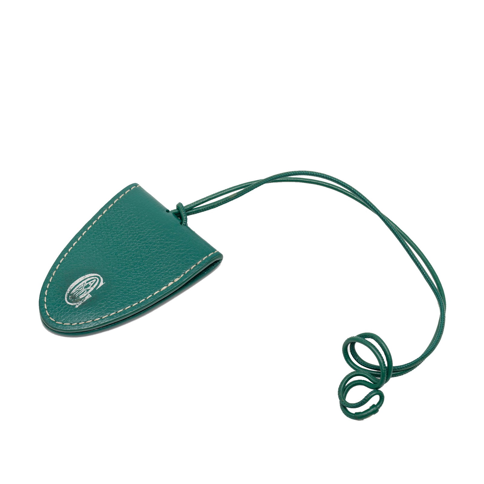 Green Leather Sac Universel Bag Charm by Goyard: Green Leather Sac Universel Bag Charm by Goyard This Goyard Sac Universel bag charm features a green leather body and a rolled strap. It shows signs of wear on the exterior front, back, and handle, wi