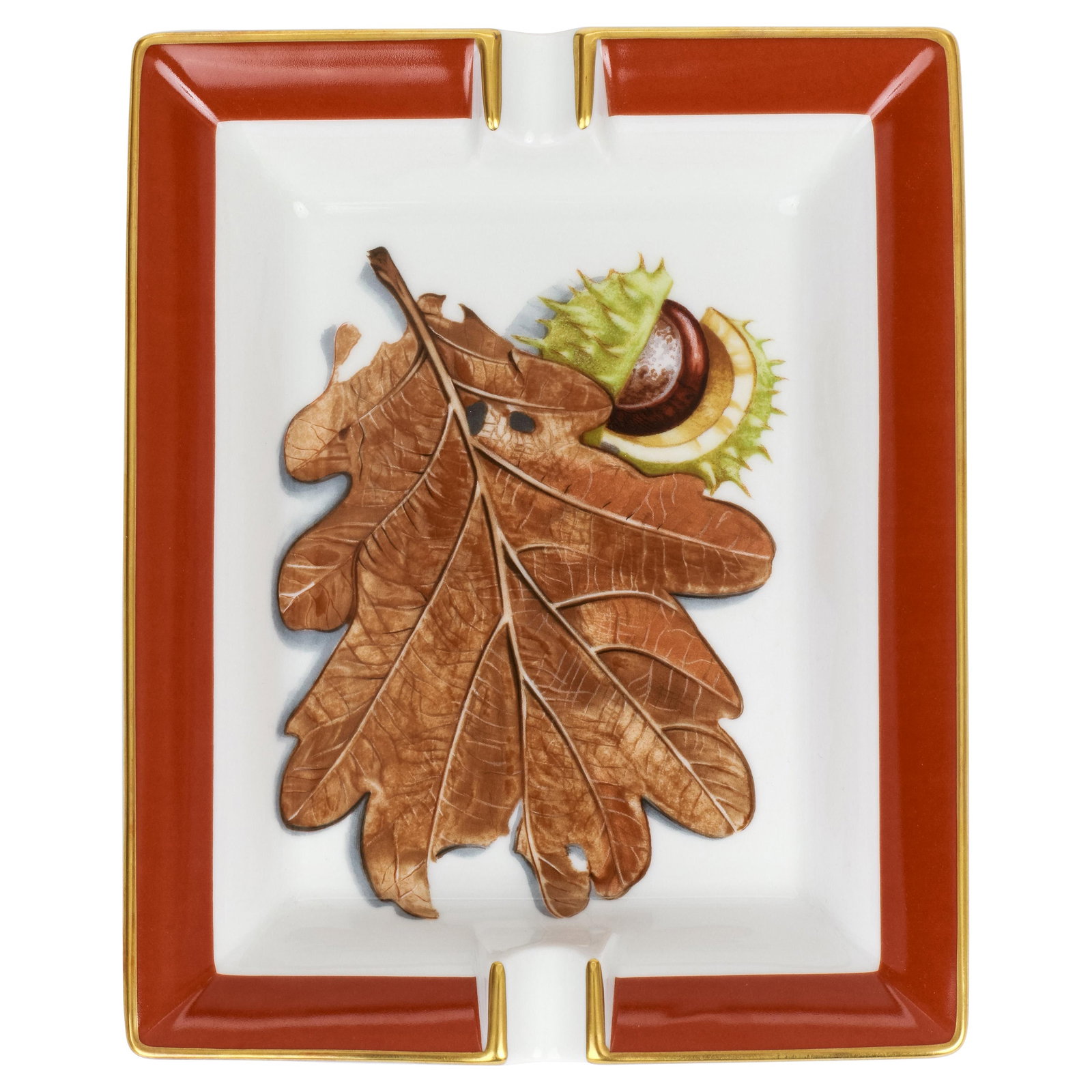 Hermes Chestnut Design Porcelain Ashtray 6 x 8 inches: Hermes Chestnut Design Porcelain Ashtray 6 x 8 inches This exquisite Hermes porcelain ashtray showcases a stunning chestnut design, embodying the elegance synonymous with the Hermes brand. Crafted in 