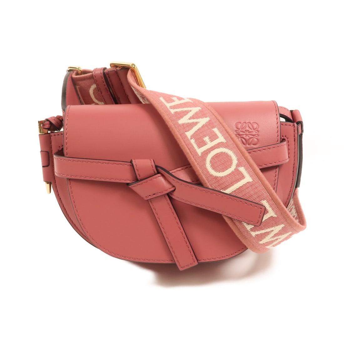 LOEWE Mini Gate Pink Calfskin Leather Shoulder Bag with Gold Hardware: LOEWE Mini Gate Pink Calfskin Leather Shoulder Bag with Gold Hardware This LOEWE mini Gate shoulder bag is crafted from pink calfskin leather, offering a stylish and compact accessory. Designed for wo