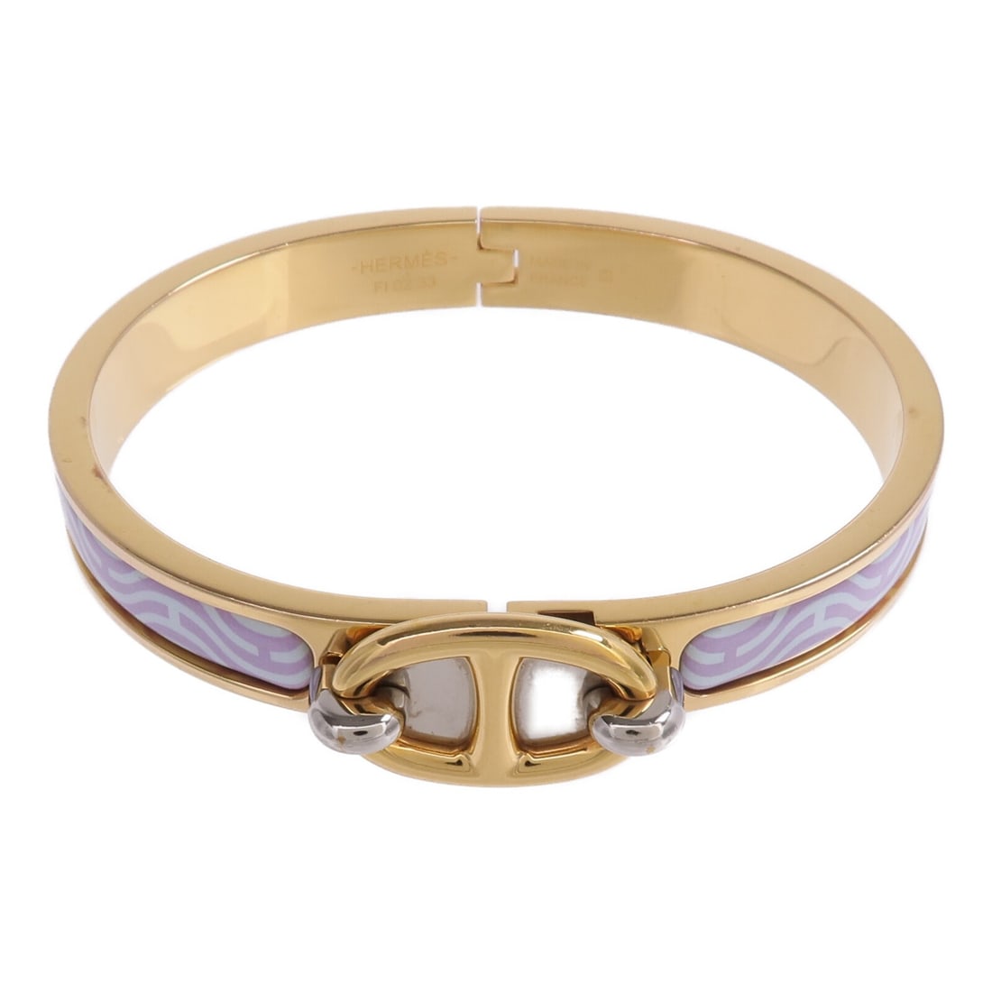 Hermes Mini Clic Chaine d'Ancre Purple Enamel Bracelet: Hermes Mini Clic Chaine d'Ancre Purple Enamel Bracelet This HERMES Mini Clic Chaine d'Ancre bracelet showcases a striking purple enamel design with gold-tone metal accents. Crafted in France, this wom