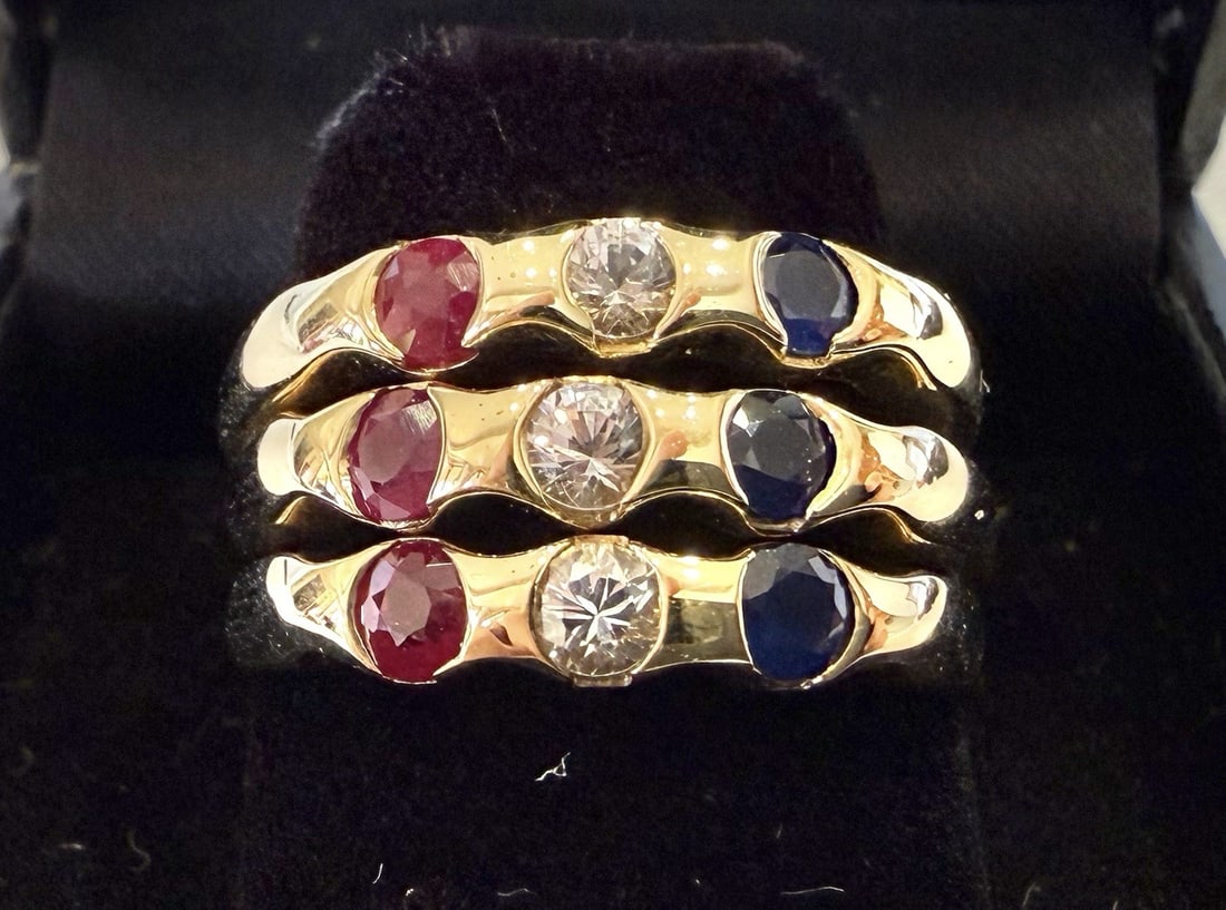 Elegant 3 Piece 14K Yellow Gold Ring Set with Diamonds Rubies Sapphires Sizes 7 8: Elegant 3 Piece 14K Yellow Gold Ring Set with Diamonds Rubies Sapphires Sizes 7 8 Discover a stunning 3-piece set of rings crafted in 14k yellow gold, adorned with sparkling diamonds, vibrant rubies, 