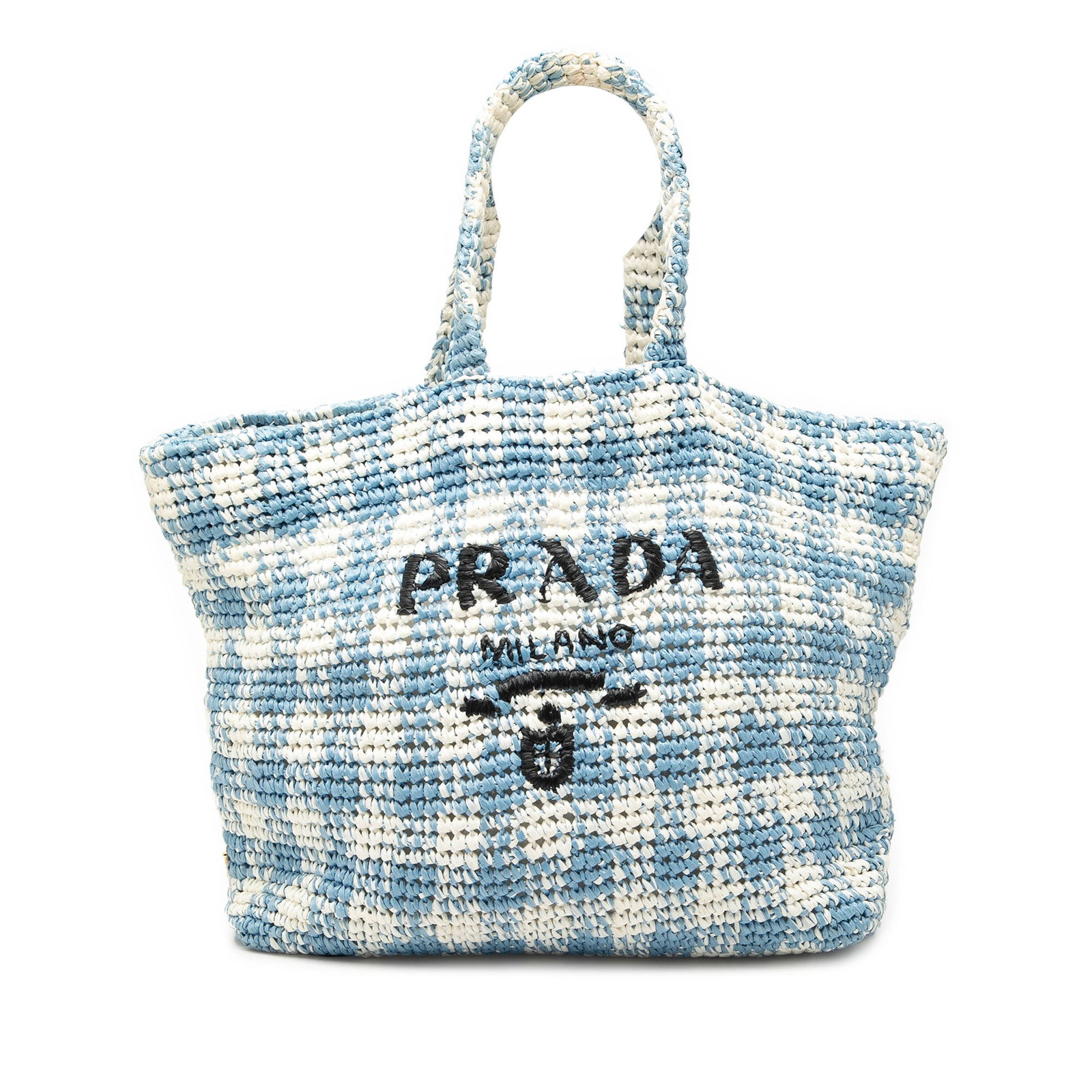 Prada Blue Woven Tote Bag with Embroidered Logo and Raffia Effect: Prada Blue Woven Tote Bag with Embroidered Logo and Raffia Effect This Prada tote bag features a woven raffia-effect body with crochet detailing and an embroidered logo. It is designed with rolled raf