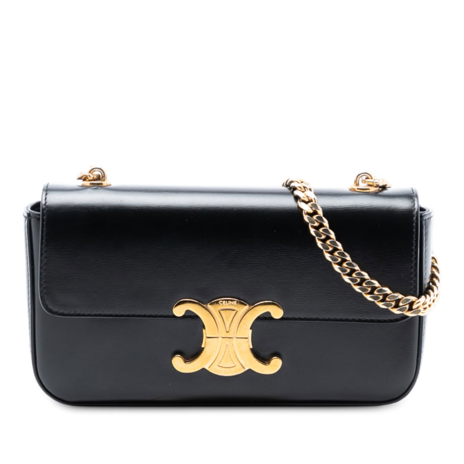 Celine Claude Chain Shoulder Bag Black Leather Flap: Celine Claude Chain Shoulder Bag Black Leather Flap This Celine shoulder bag is crafted from shiny calfskin leather and features a chain-link shoulder strap, a front flap with magnetic snap closure, a