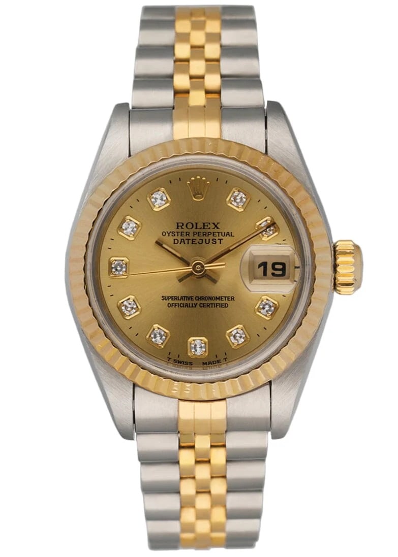Rolex 69173 Datejust Lady Watch Champagne Diamond Dial Jubilee Bracelet Papers 1995: Rolex 69173 Datejust Lady Watch Champagne Diamond Dial Jubilee Bracelet Papers 1995 This Rolex Datejust Lady watch features a champagne diamond dial and a fluted bezel. It comes with a Jubilee bracele