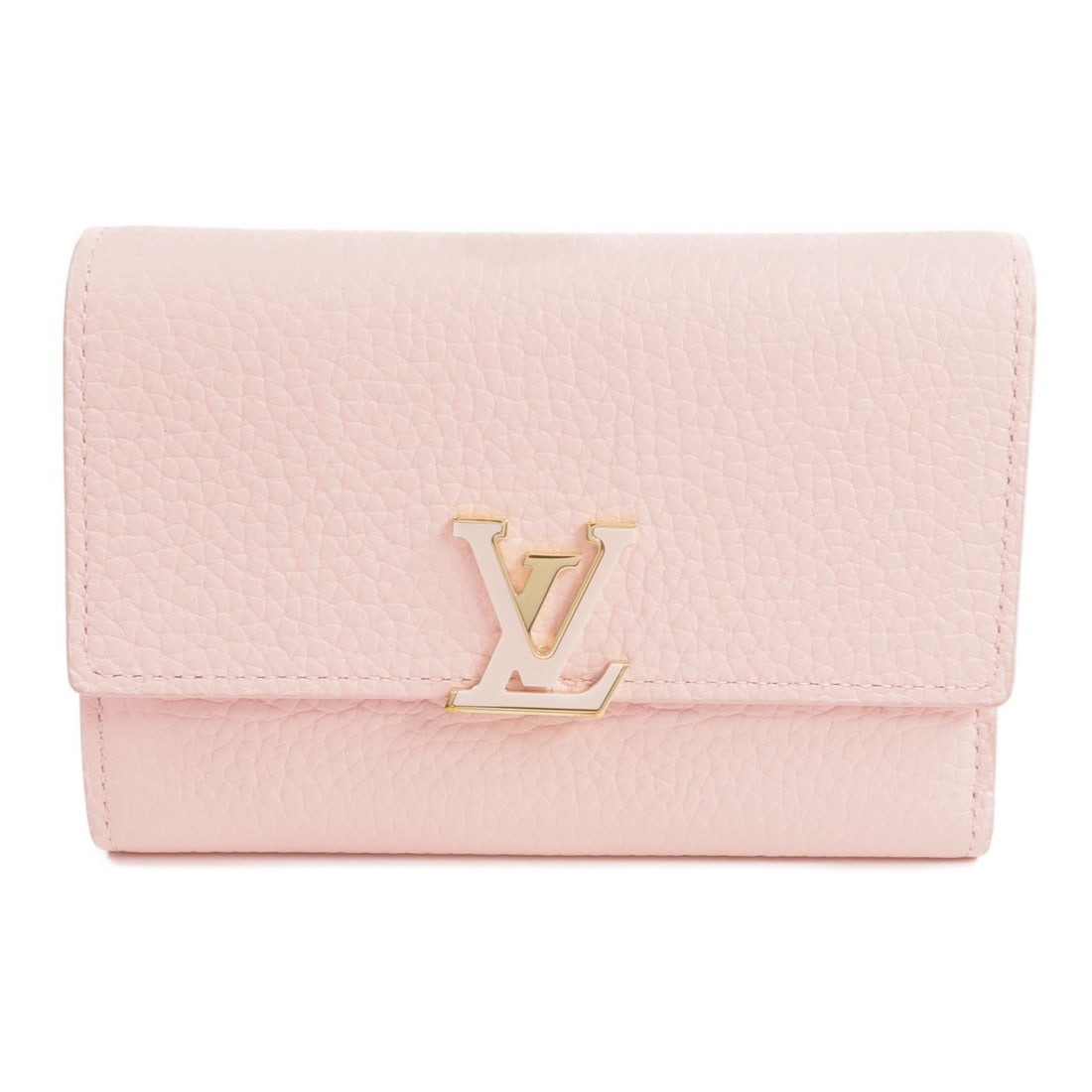 Capucines Pink Taurillon Leather Tri-Fold Wallet by Louis Vuitton M82361: Capucines Pink Taurillon Leather Tri-Fold Wallet by Louis Vuitton M82361 This Louis Vuitton Capucines compact wallet features a tri-fold design crafted from pink Taurillon calfskin leather. Made in Fr