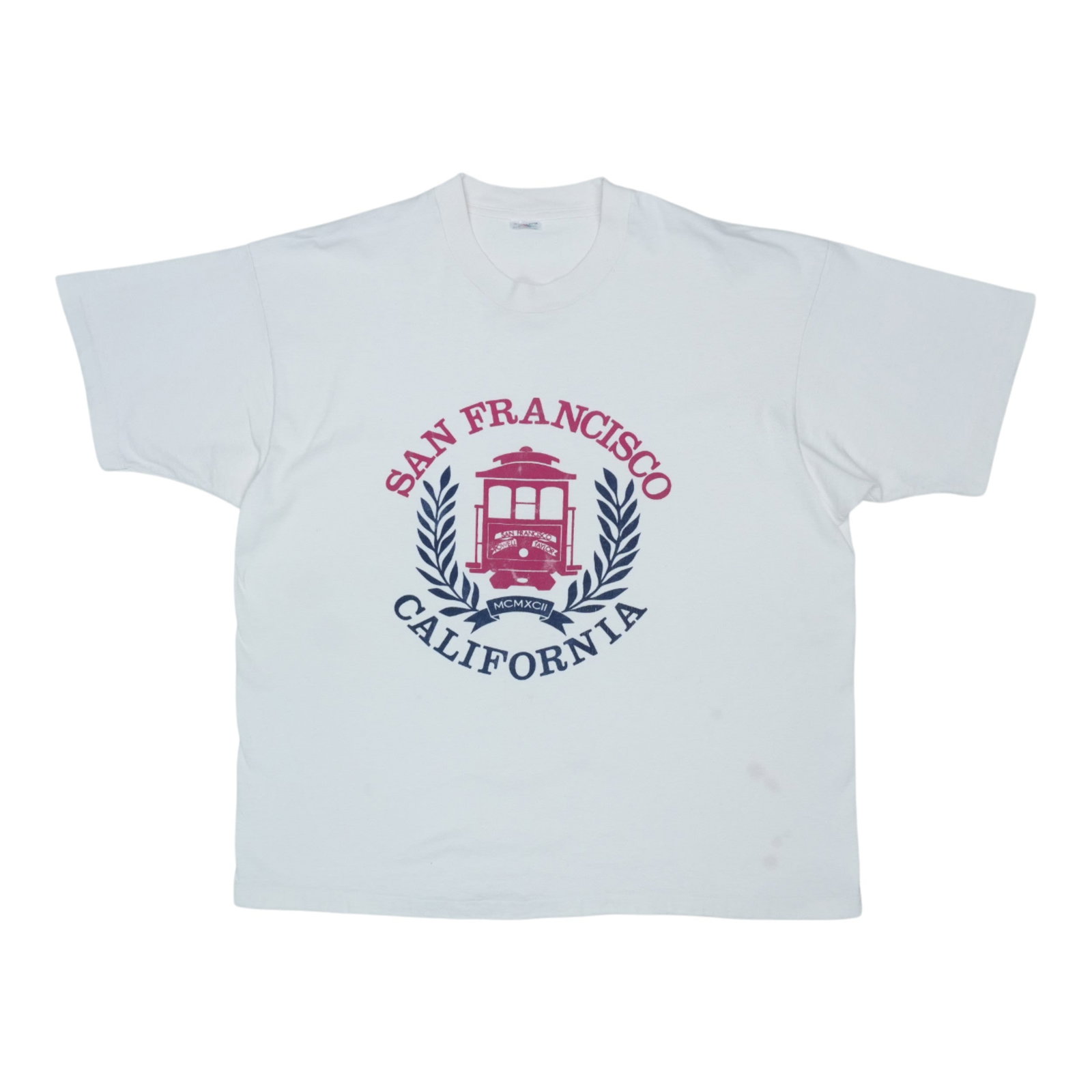 Vintage 1992 San Francisco Trolley Graphic White Cotton Shirt Extra Large: Vintage 1992 San Francisco Trolley Graphic White Cotton Shirt Extra Large This is an original vintage 1992 San Francisco California Trolley shirt. It features no back graphics and is made from 100% co
