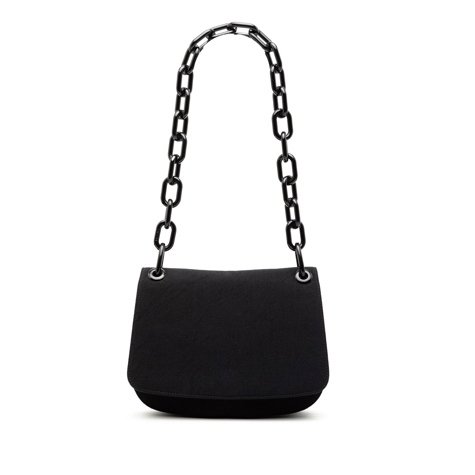 Prada Black Canvas Shoulder Bag with Lucite Chain Strap: Prada Black Canvas Shoulder Bag with Lucite Chain Strap This Prada shoulder bag features a black canvas body complemented by a lucite chain link strap. The design includes a front flap with a snap but