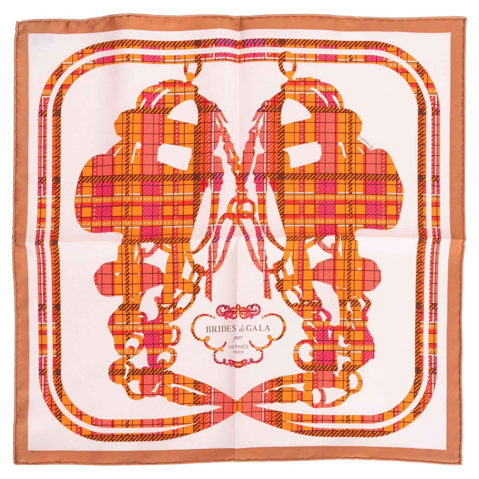 Hermes Brides de Gala Tartan Silk Gavroche Coral Orange White: Hermes Brides de Gala Tartan Silk Gavroche Coral Orange White Introducing the exquisite Hermes "Brides de Gala" Tartan Gavroche, a stunning silk accessory that embodies elegance and sophistication. Th