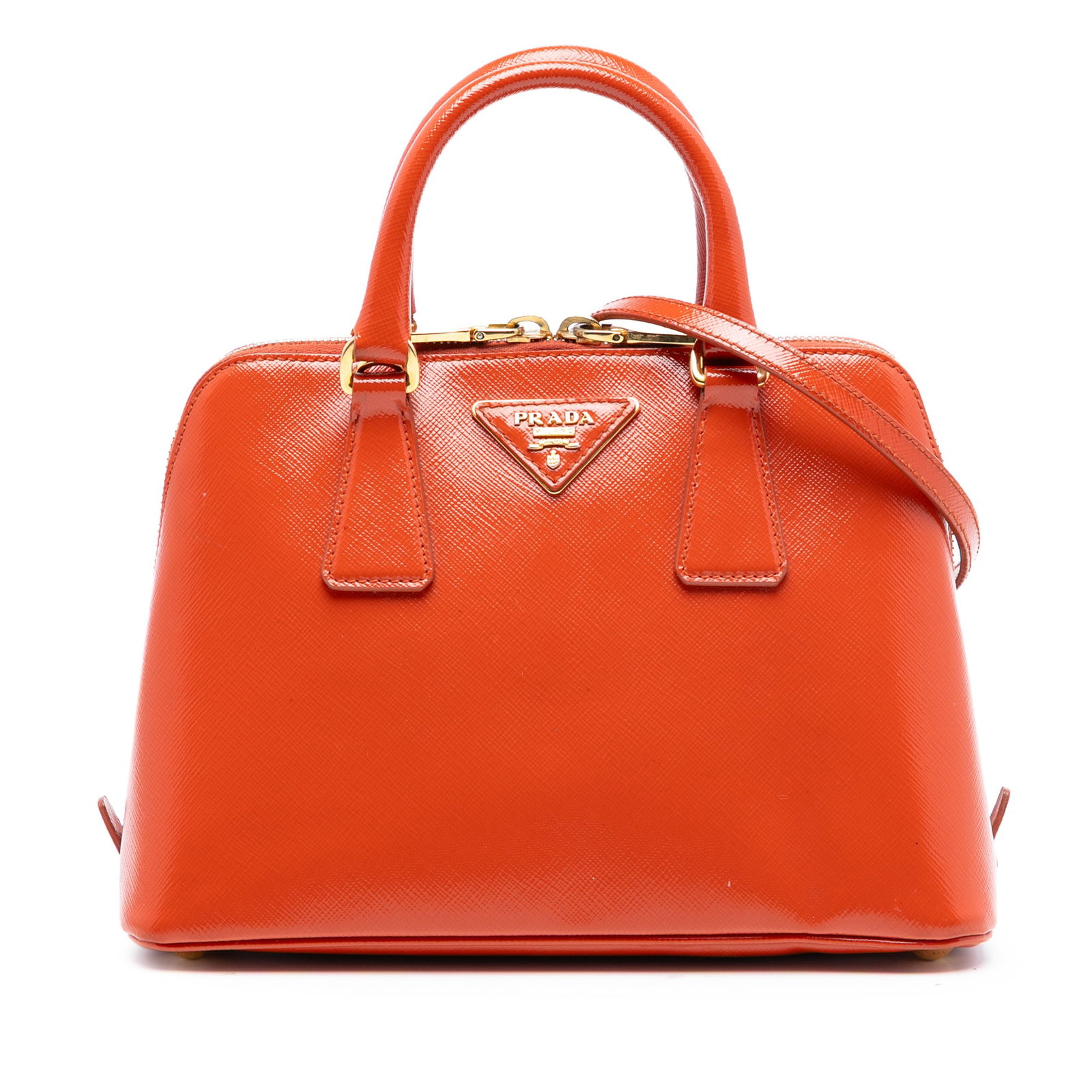 Prada Promenade Orange Patent Saffiano Leather Small Satchel with Strap: Prada Promenade Orange Patent Saffiano Leather Small Satchel with Strap This Prada Small Saffiano Vernice Promenade Satchel features a patent saffiano leather body in orange, rolled leather handles, a