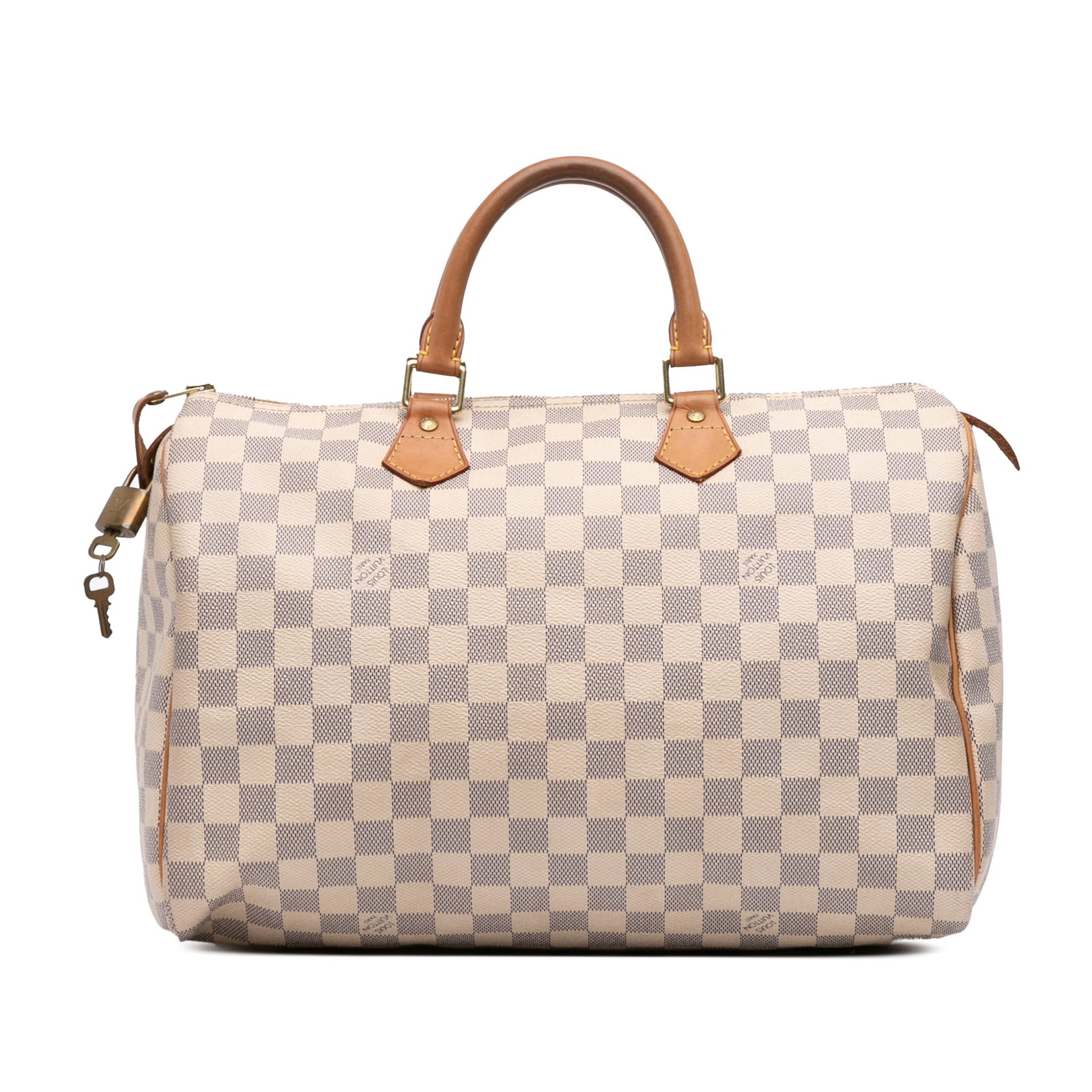 Louis Vuitton Speedy 35 Bag in Damier Azur Canvas with Leather Trim: Louis Vuitton Speedy 35 Bag in Damier Azur Canvas with Leather Trim This Louis Vuitton Damier Azur Speedy 35 features a damier canvas body with vachetta leather trim and rolled vachetta leather handle
