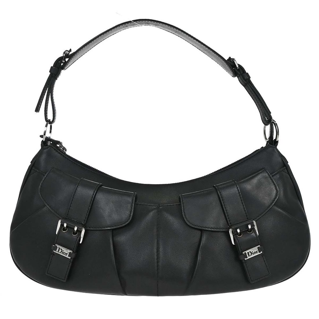 Dior black leather top handle handbag with inner pockets: Dior black leather top handle handbag with inner pockets This Christian Dior Street Chic handbag features a black leather exterior with a top handle design, offering a sleek and versatile look for cas