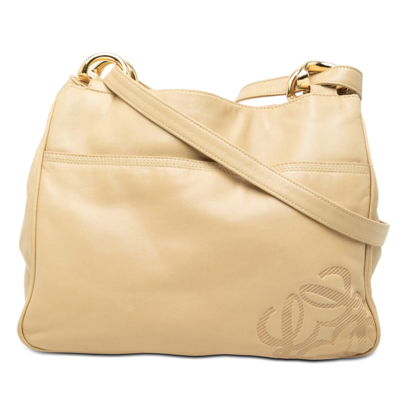 Loewe Anagram Beige Leather Shoulder Bag with Top Zip and Slip Pocket: Loewe Anagram Beige Leather Shoulder Bag with Top Zip and Slip Pocket This shoulder bag features a leather body in beige, with flat leather straps and a top zip closure. It is designed with an exterio