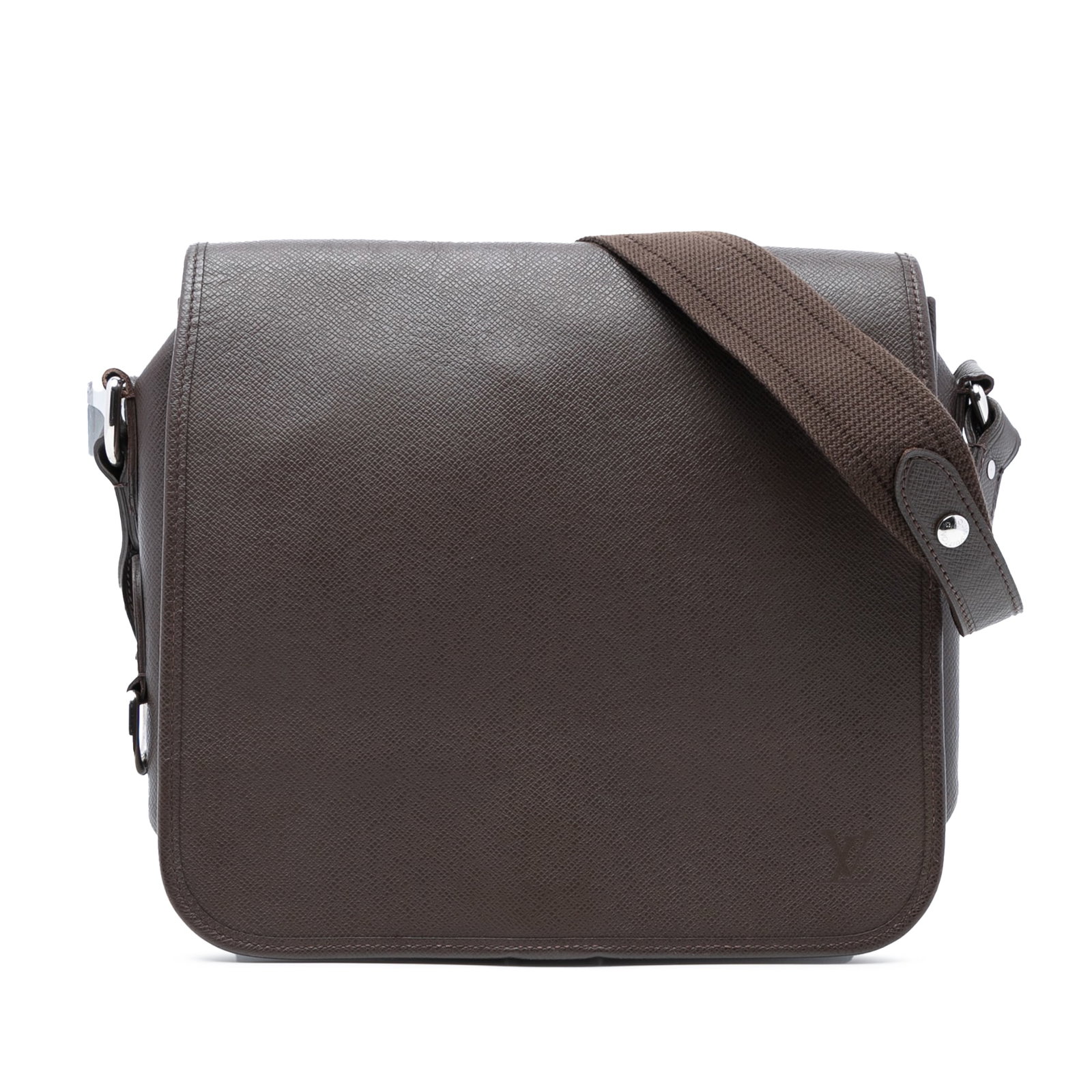 Taiga Leather Andrei Messenger Bag with Canvas Strap by Louis Vuitton: Taiga Leather Andrei Messenger Bag with Canvas Strap by Louis Vuitton This Louis Vuitton Taiga Andrei bag features a brown taiga leather body, a flat canvas strap, a front flap with a pull-through clo