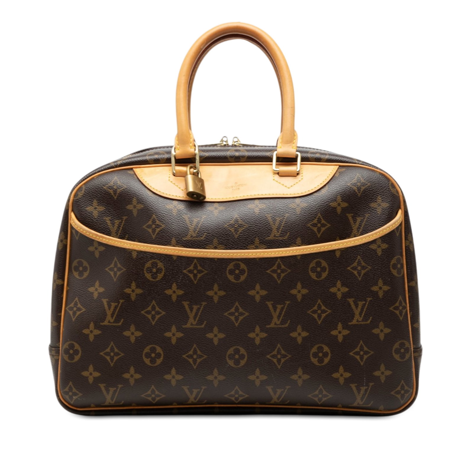 Louis Vuitton Deauville Monogram Canvas Handbag with Vachetta Leather Trim: Louis Vuitton Deauville Monogram Canvas Handbag with Vachetta Leather Trim This Louis Vuitton Monogram Deauville bag features the signature monogram canvas with vachetta leather trim and rolled leathe