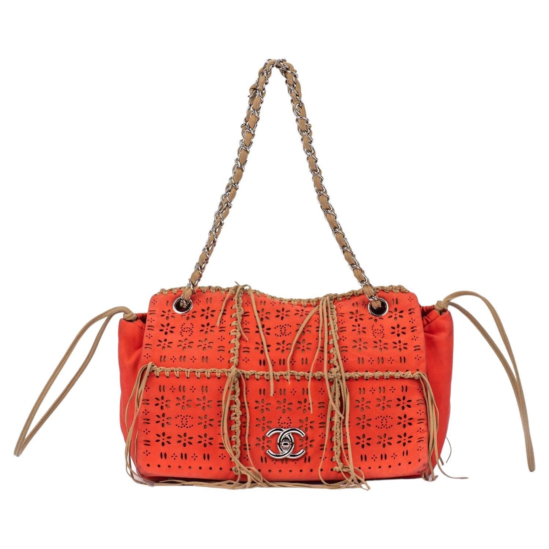Chanel Vintage CC Turnlock Orange Perforated Leather Tote Bag: Chanel Vintage CC Turnlock Orange Perforated Leather Tote Bag This exquisite Chanel Vintage Perforated Leather Bag is a stylish accessory from the 21st Century, featuring a vibrant orange perforated l