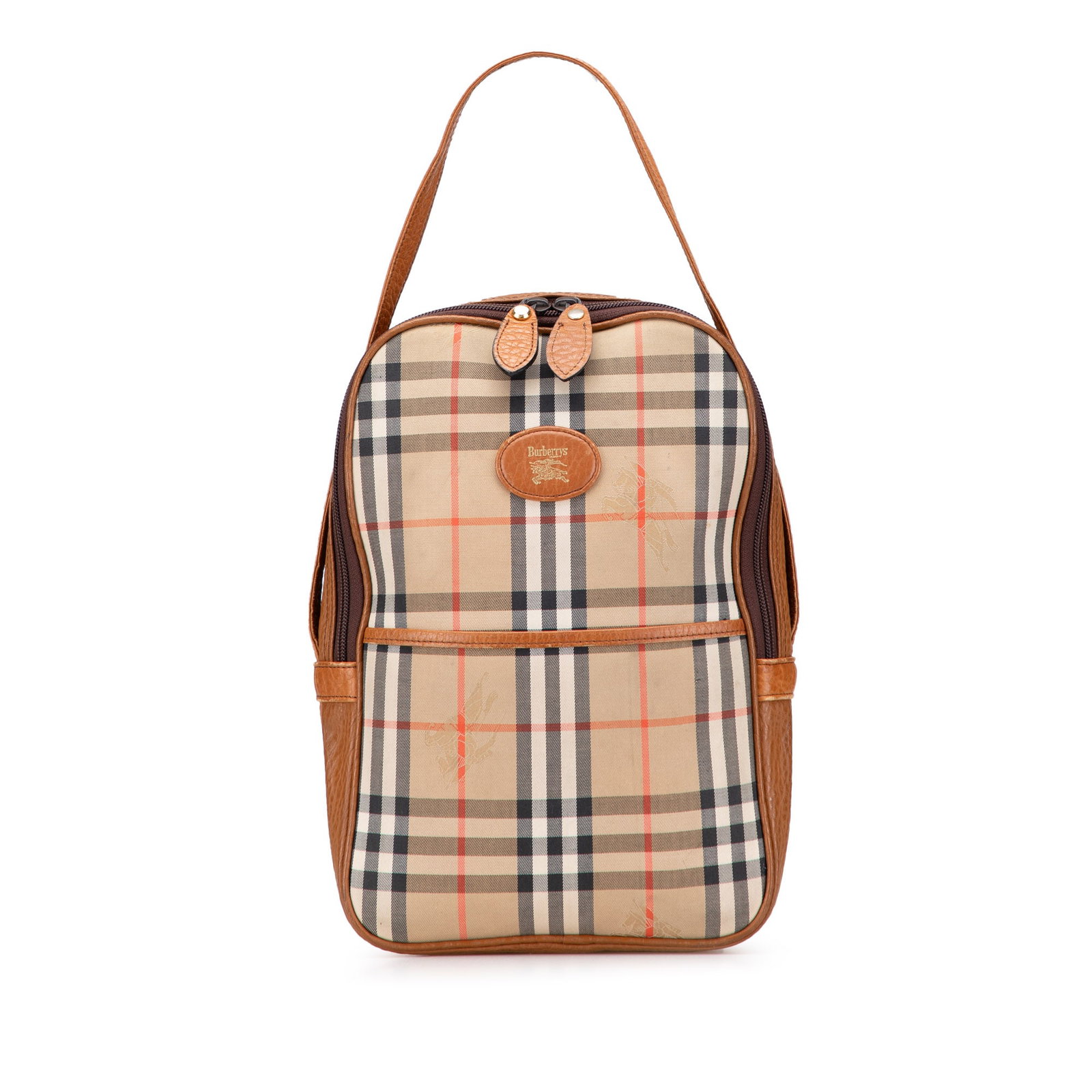 Burberry Haymarket Check Canvas Handbag with Leather Trim: Burberry Haymarket Check Canvas Handbag with Leather Trim This Burberry Haymarket Check Canvas Handbag showcases a stylish haymarket check canvas body complemented by luxurious leather trim. It featur