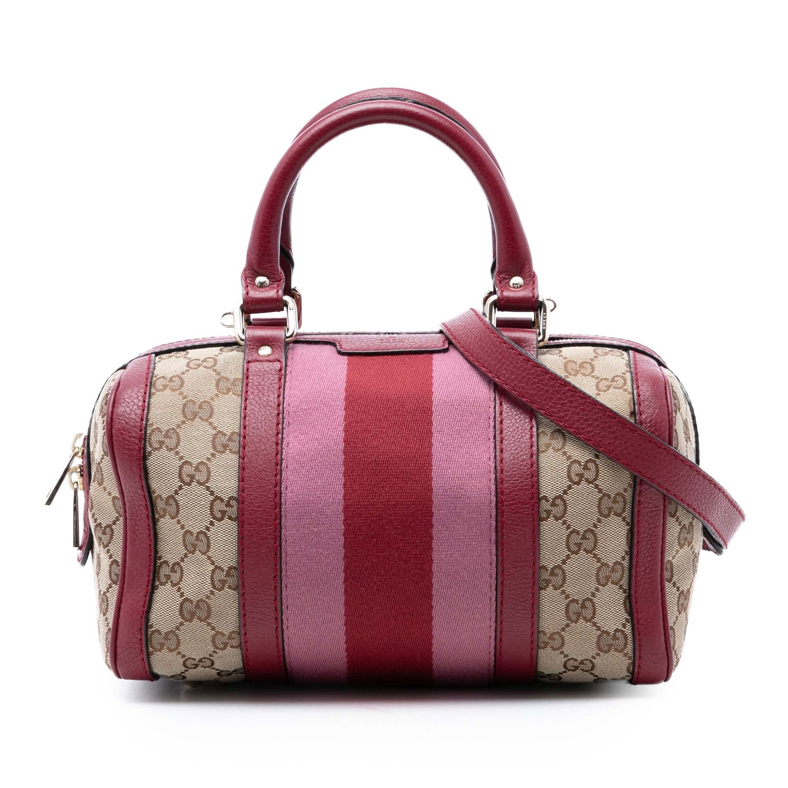 Gucci Joy Boston Small Beige Canvas Satchel with Web and Leather Accents: Gucci Joy Boston Small Beige Canvas Satchel with Web and Leather Accents This Gucci Small GG Canvas Web Joy Boston Bag features a beige canvas body with leather trim and signature web details. It is d