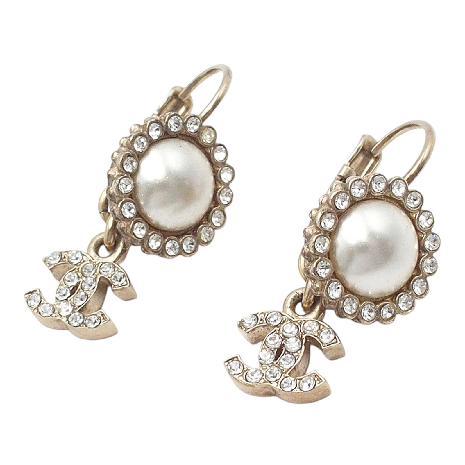 Chanel Faux Pearl Strass Clip On Earrings Gold Plated CC Logo: Chanel Faux Pearl Strass Clip On Earrings Gold Plated CC Logo These Chanel earrings feature a gold plated metal body adorned with faux pearls and strass embellishments. Designed with clip-on closures,