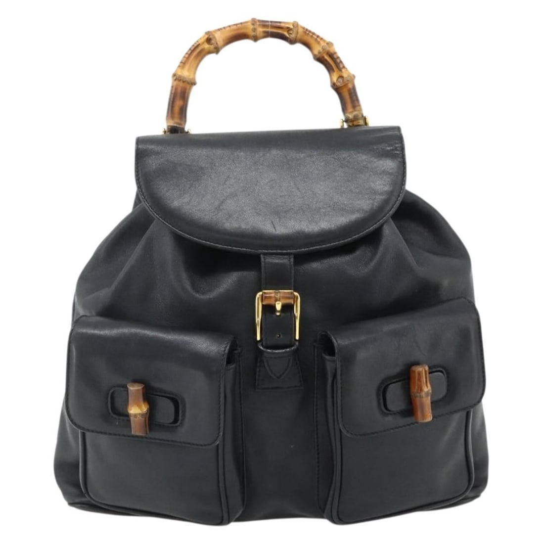 Gucci Black Leather Vintage Bamboo Backpack for Women: Gucci Black Leather Vintage Bamboo Backpack for Women This Gucci Vintage Bamboo Backpack is crafted from black leather and features signature bamboo accents. Designed for women, it offers a spacious i