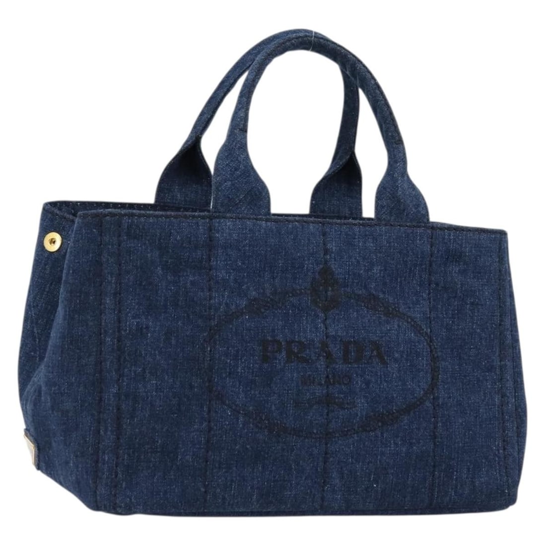 Prada Canapa denim blue gold canvas handbag with dust bag: Prada Canapa denim blue gold canvas handbag with dust bag This PRADA Canapa MM handbag is crafted from durable blue and gold canvas, offering a stylish and versatile accessory for women. Made in Turke