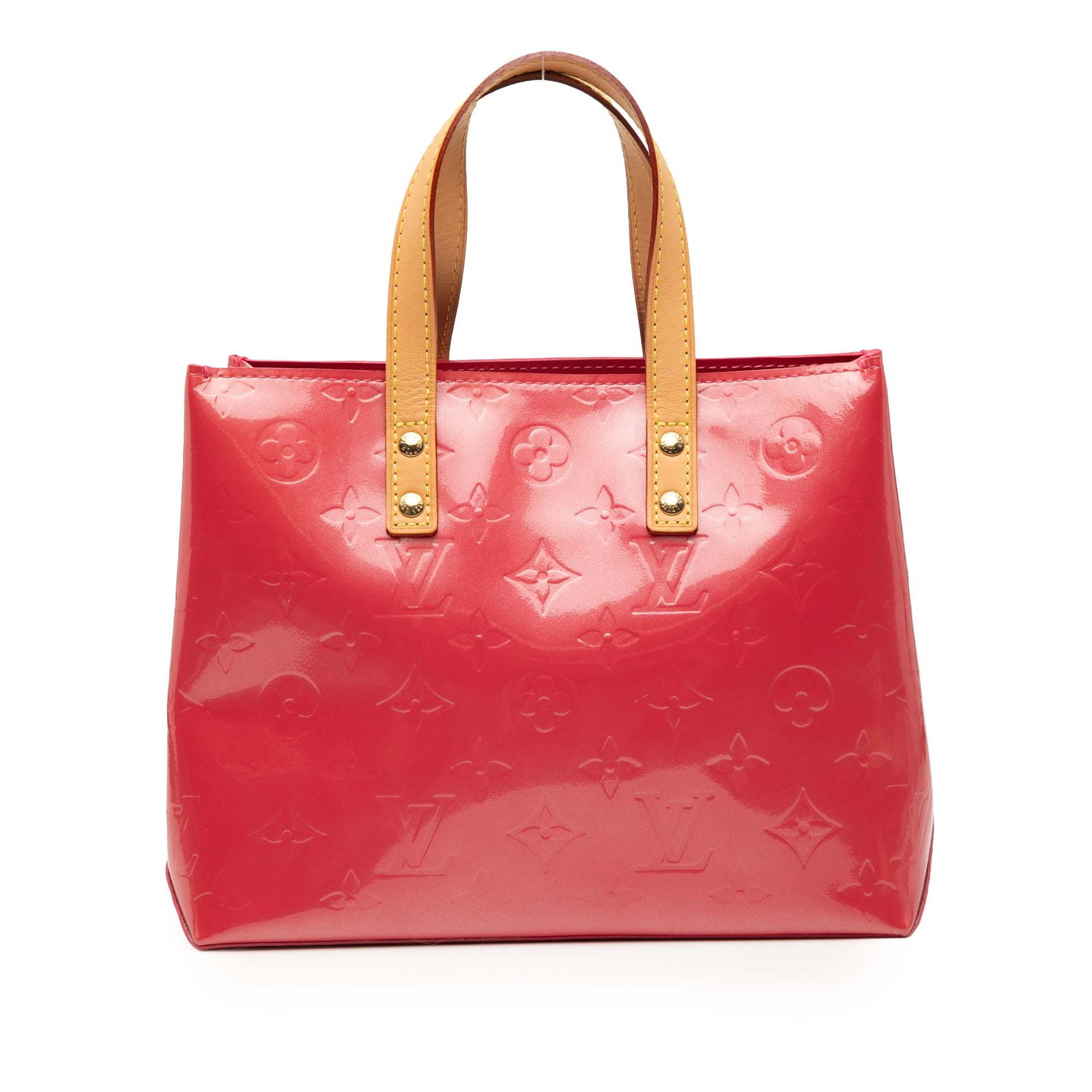 Pink Vernis Leather Reade PM Tote by Louis Vuitton with Monogram Pattern: Pink Vernis Leather Reade PM Tote by Louis Vuitton with Monogram Pattern This Louis Vuitton Monogram Vernis Reade PM features a glossy monogram vernis leather body in pink, complemented by flat vachet