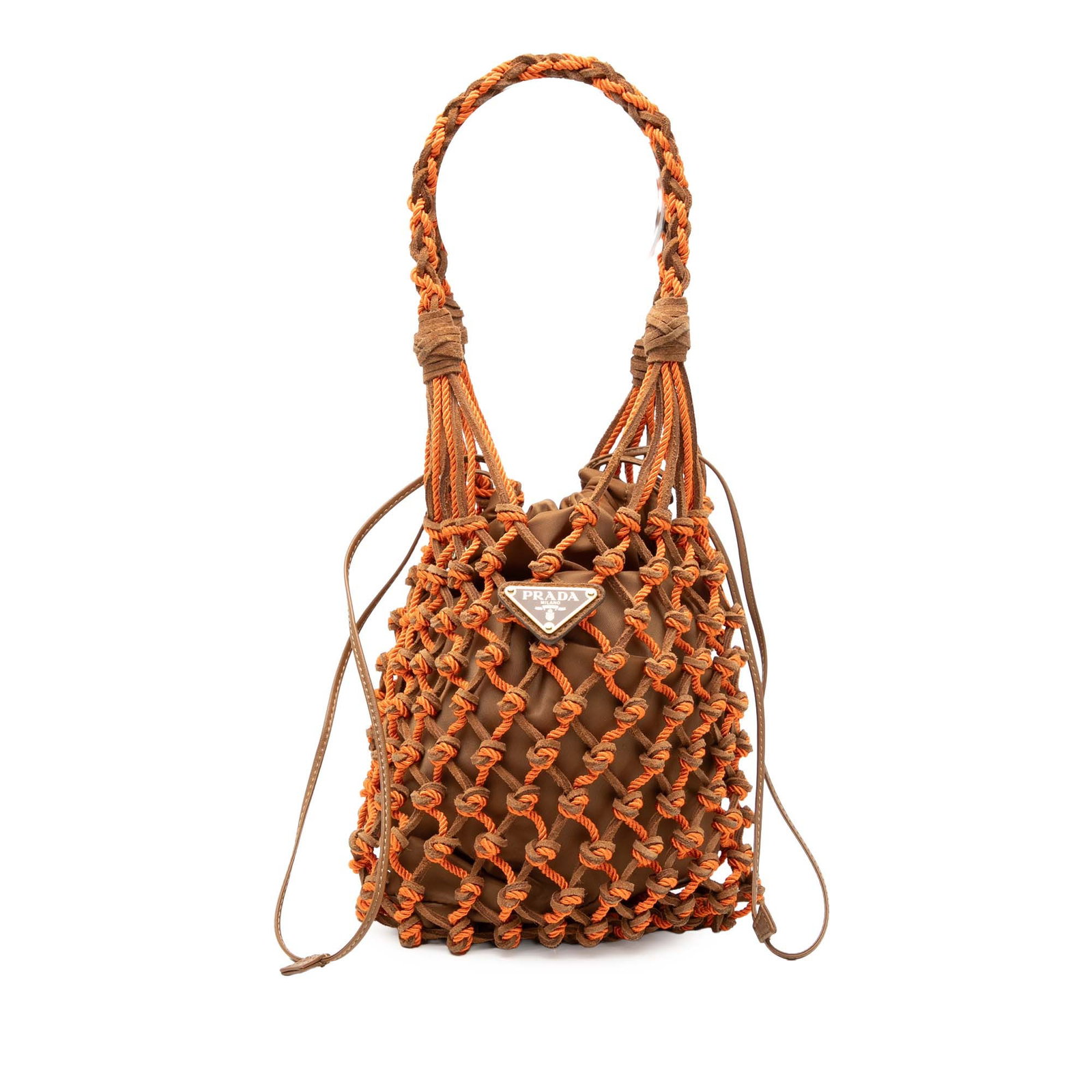 Prada Noue Orange Suede Knotted Macrame Shoulder Bag: Prada Noue Orange Suede Knotted Macrame Shoulder Bag This Prada Small Suede Macrame Noue Shoulder Bag features a distinctive knotted suede and cord body with a braided top handle. The bag is designed 