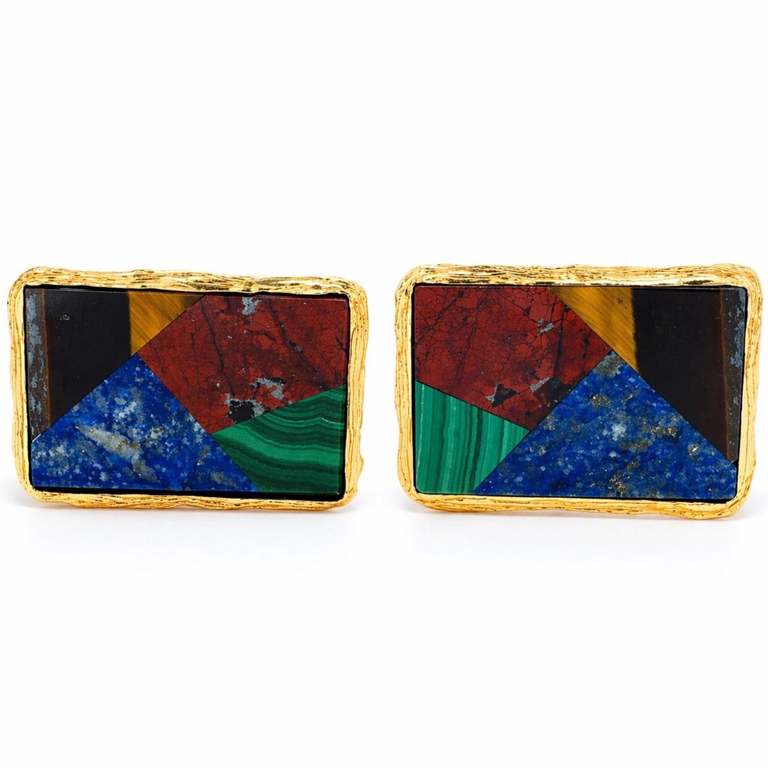 18K Yellow Gold Cufflinks with Lapis Lazuli Jasper Malachite Tiger Eye 1960s: 18K Yellow Gold Cufflinks with Lapis Lazuli Jasper Malachite Tiger Eye 1960s These 1960s cufflinks are crafted from 18K yellow gold and feature a striking combination of semi-precious stones, includin