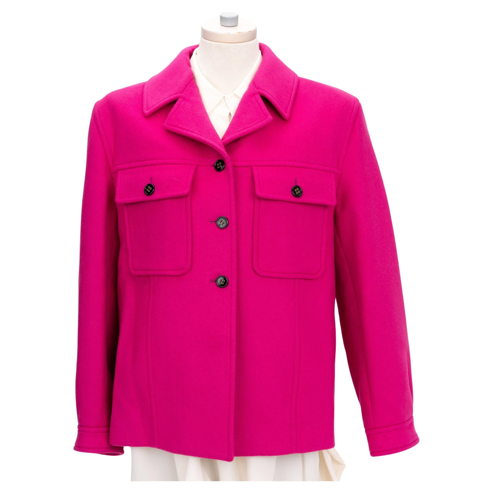 Yves Saint Laurent Fuchsia Wool Jacket FR 42 with Garment Bag: Yves Saint Laurent Fuchsia Wool Jacket FR 42 with Garment Bag Elevate your wardrobe with this stunning Yves Saint Laurent Fuchsia Wool Jacket, a perfect blend of style and sophistication. Made in Ital