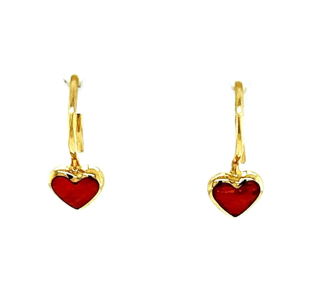 Kabana 14k Yellow Gold Spiny Oyster Heart Drop Earrings: Kabana 14k Yellow Gold Spiny Oyster Heart Drop Earrings These authentic Kabana dangle earrings are crafted in solid 14k yellow gold and feature a delicate heart motif adorned with vibrant red spiny oy
