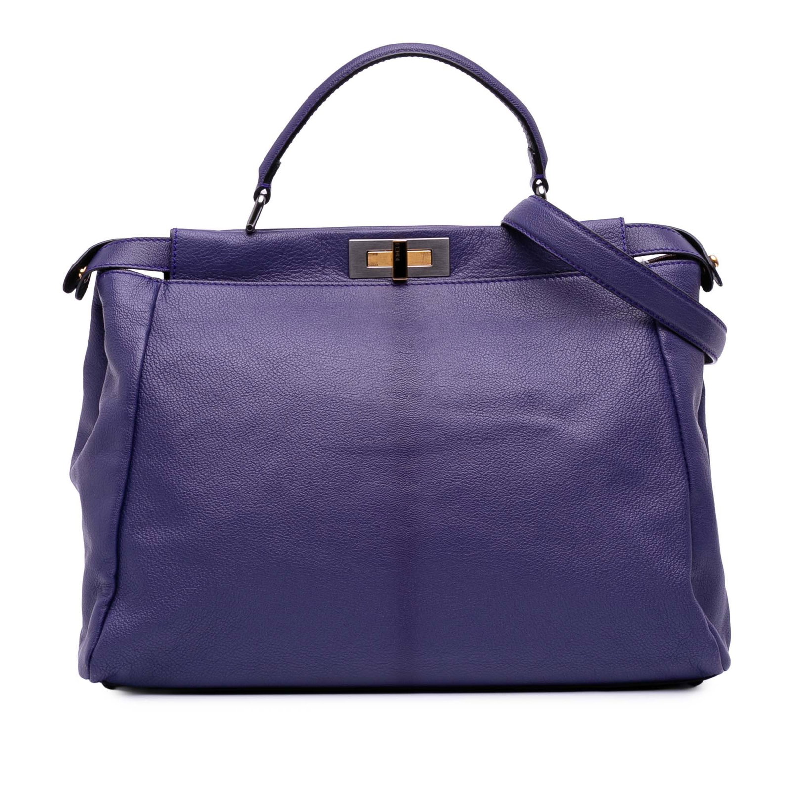 Fendi Peekaboo Iconic Large Purple Leather Satchel with Shoulder Strap: Fendi Peekaboo Iconic Large Purple Leather Satchel with Shoulder Strap This Fendi Large Calfskin Peekaboo Iconic Satchel showcases a spacious purple leather body with a flat leather top handle and a d